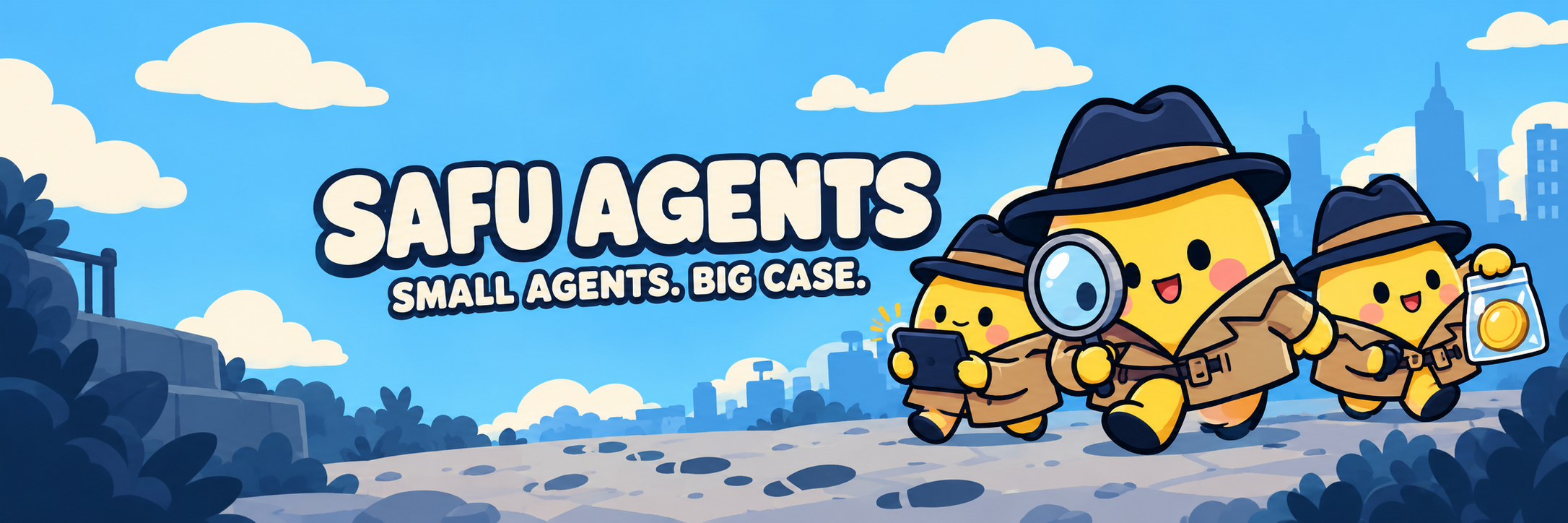 Three yellow SAFU Agents in detective hats, tracking coins and scanning wallets